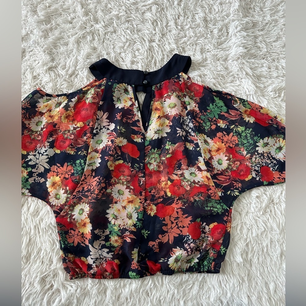 BCX Red and Navy Blue Floral Blouse Puff Sleeve Mandarin Collar - Picture 4 of 9